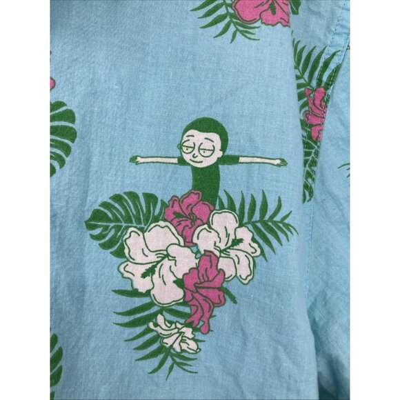 Rick and Morty Hawaiian Button Up Cotton Shirt Size 2x Blue Green Floral Unisex - Picture 2 of 8